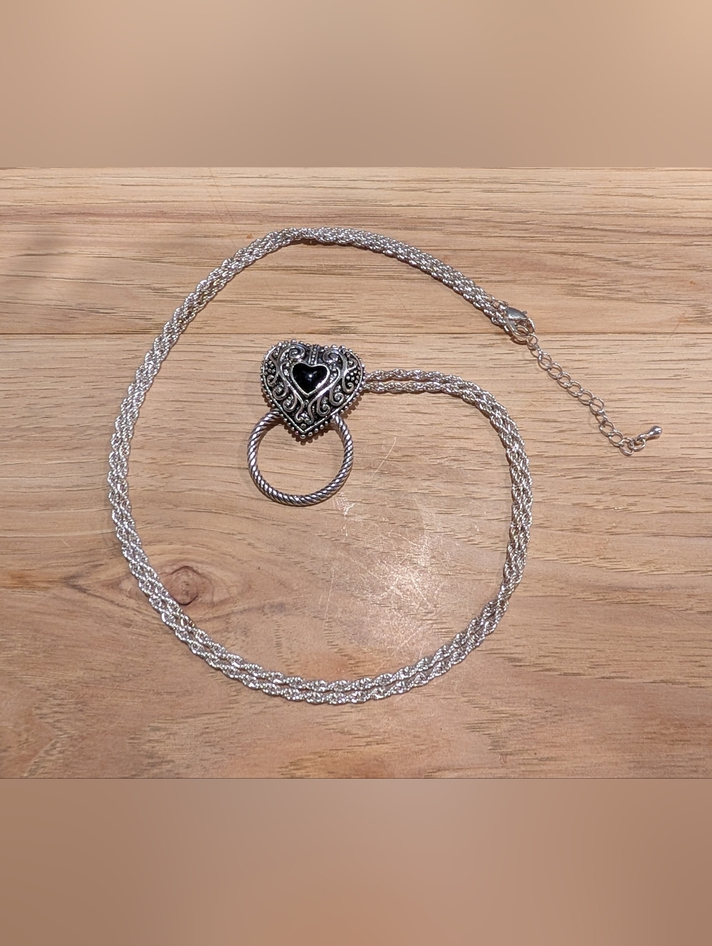 Silver Heart Pendant Charm Holder Necklace with Black Center Stone